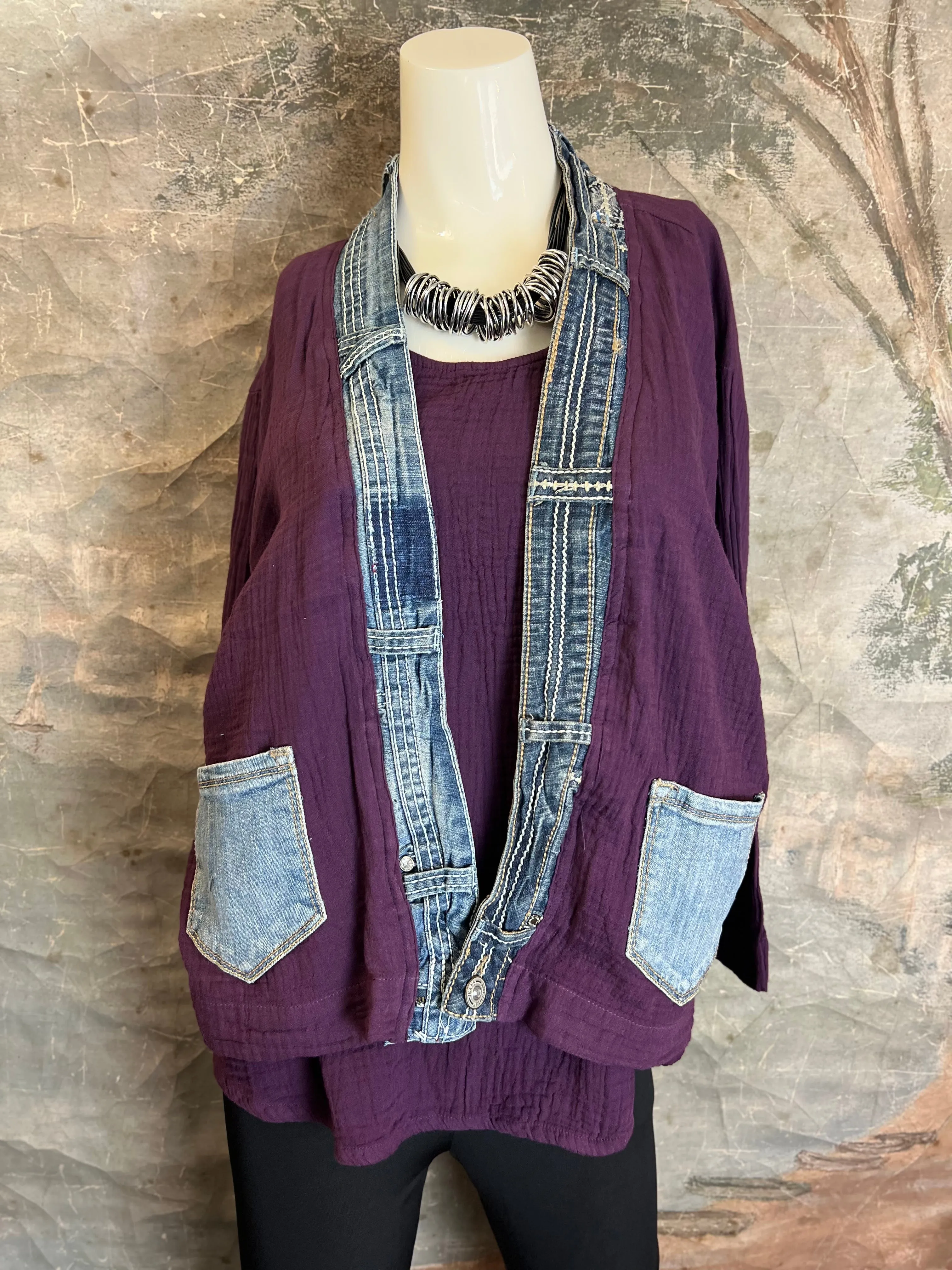 5223 Melaney Denim Mix Cardigan-Eggplant