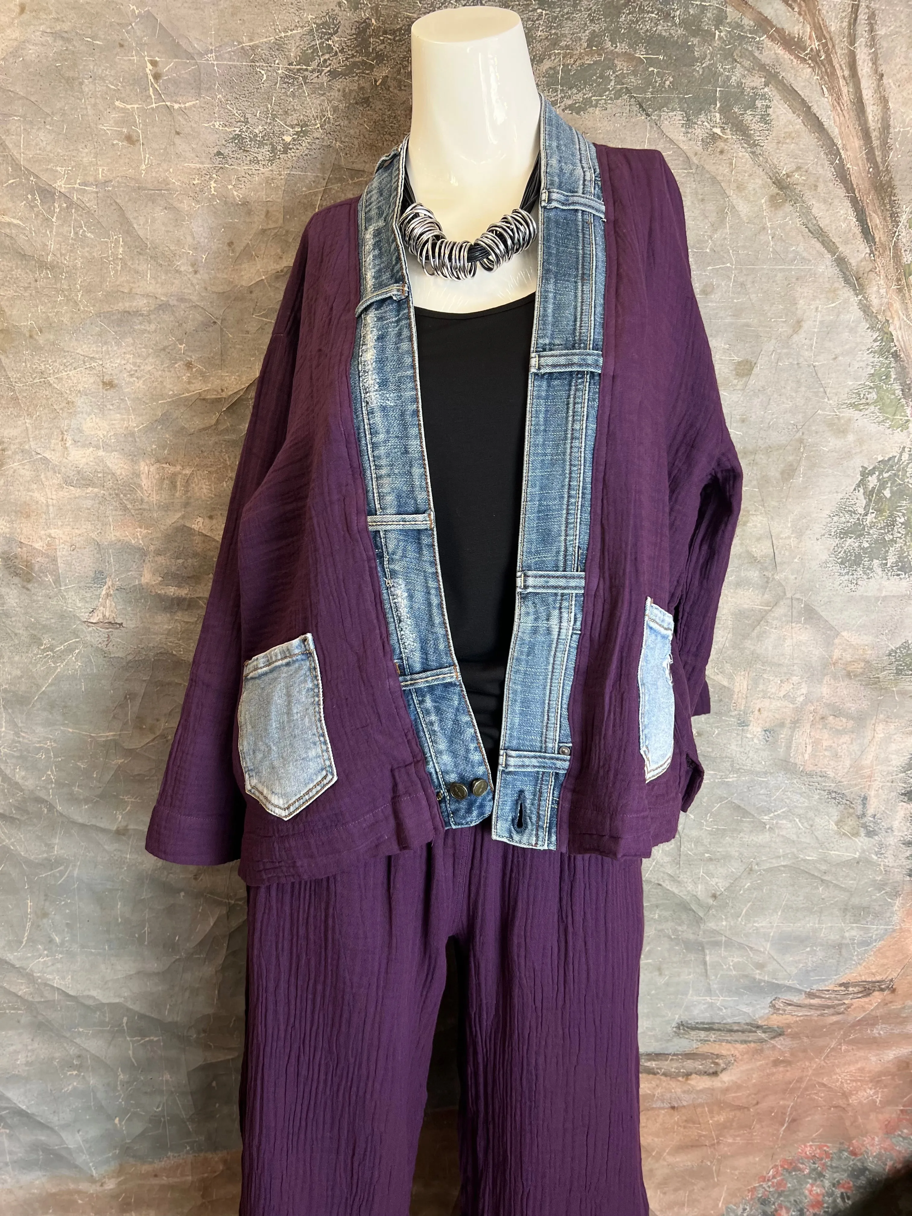 5223 Melaney Denim Mix Cardigan-Eggplant