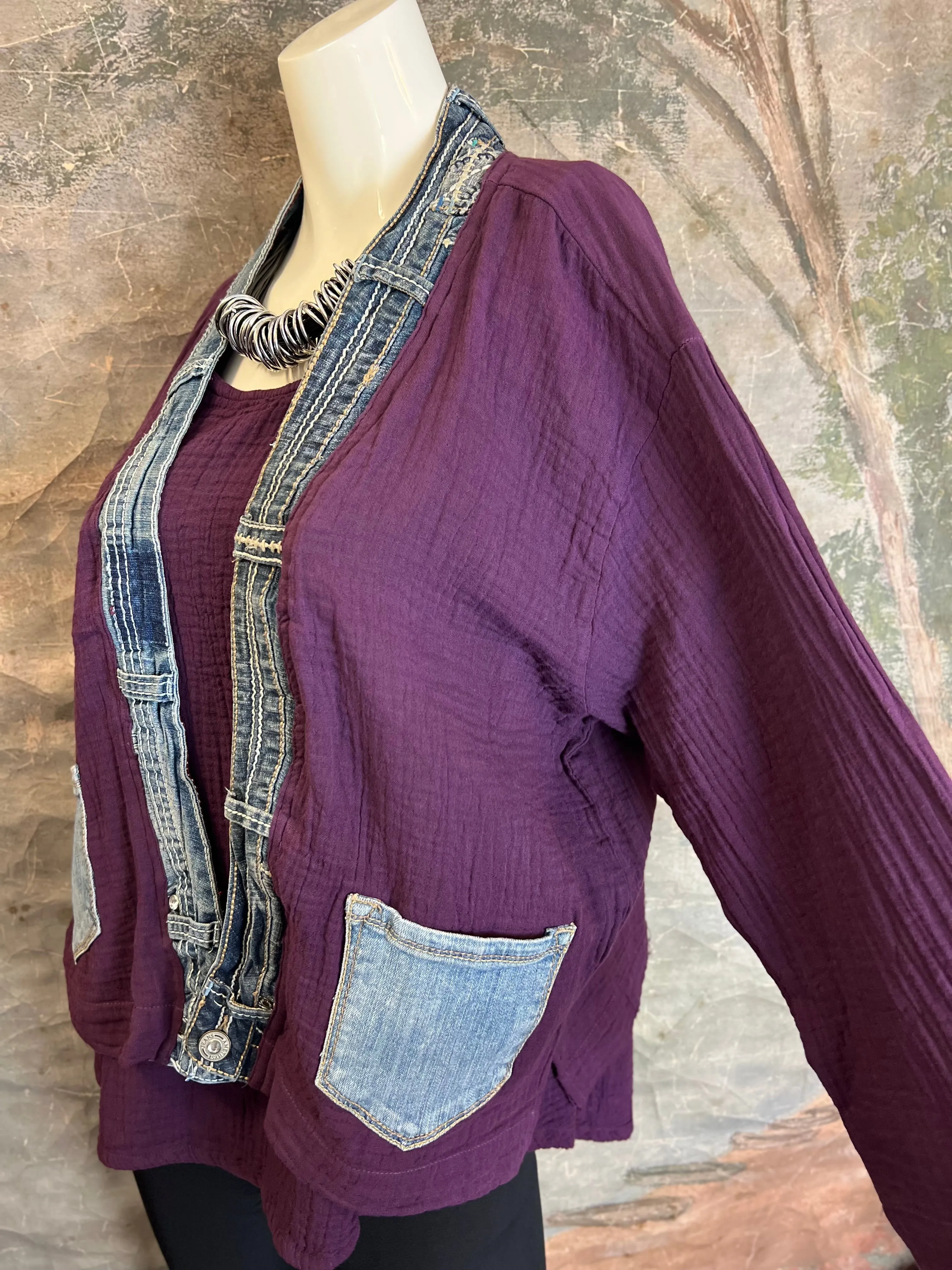 5223 Melaney Denim Mix Cardigan-Eggplant