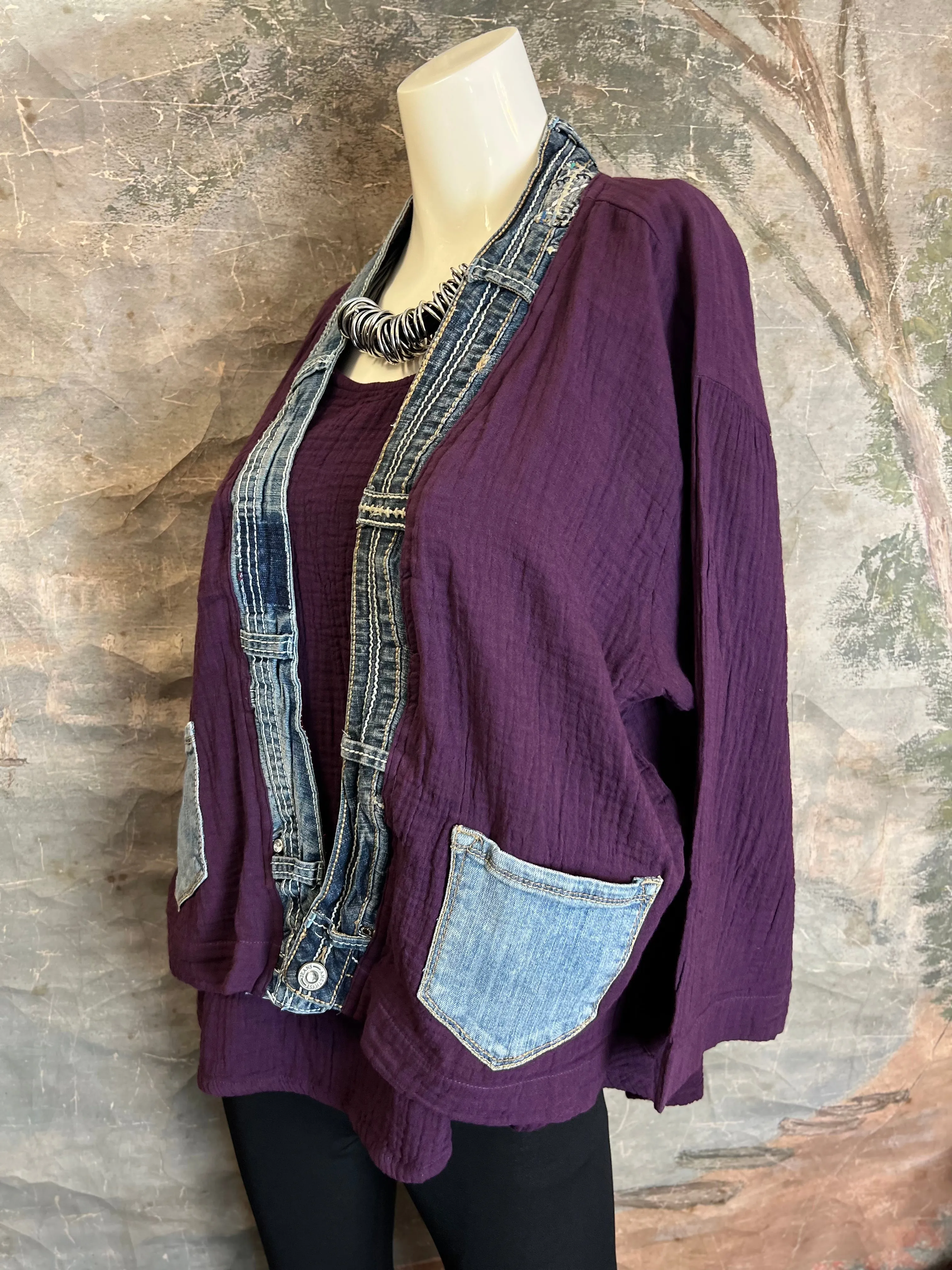 5223 Melaney Denim Mix Cardigan-Eggplant