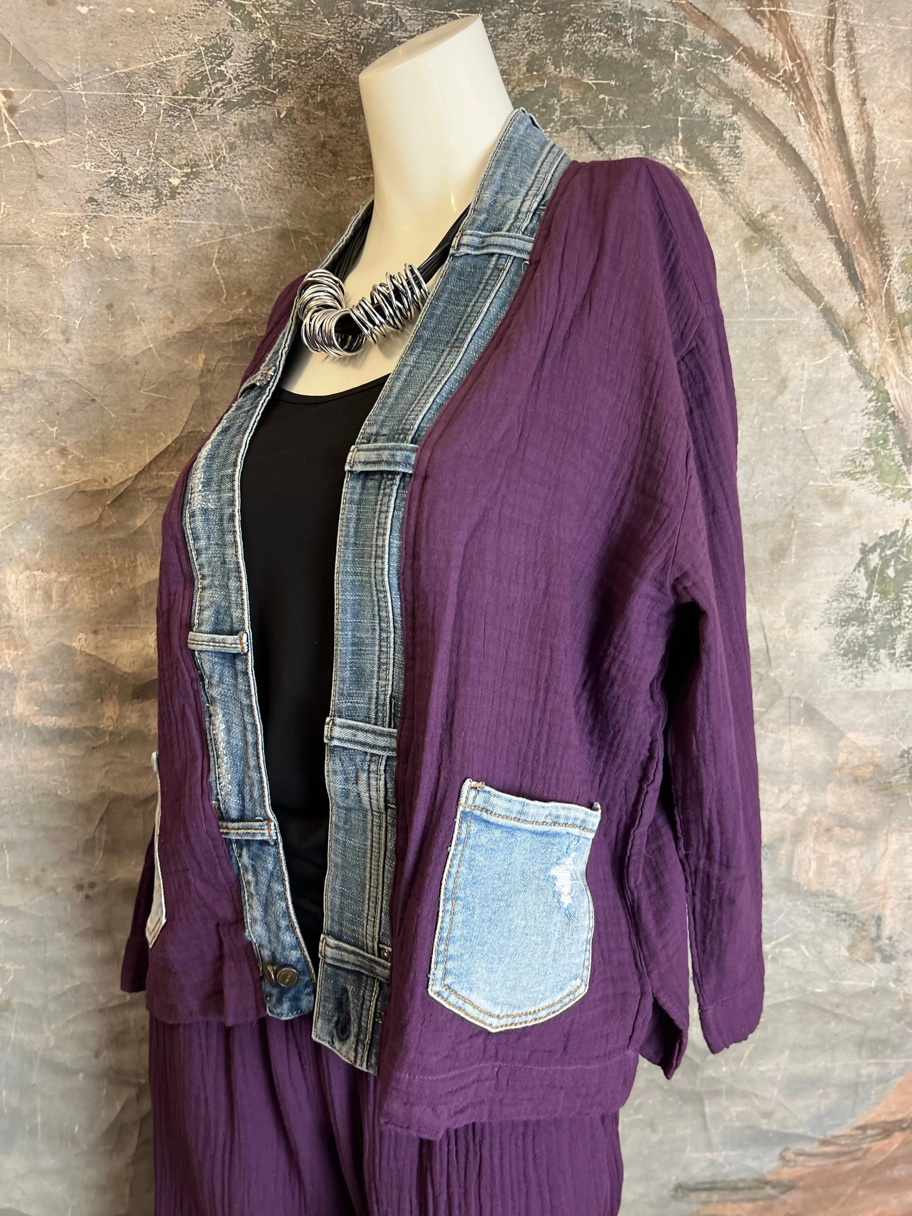 5223 Melaney Denim Mix Cardigan-Eggplant