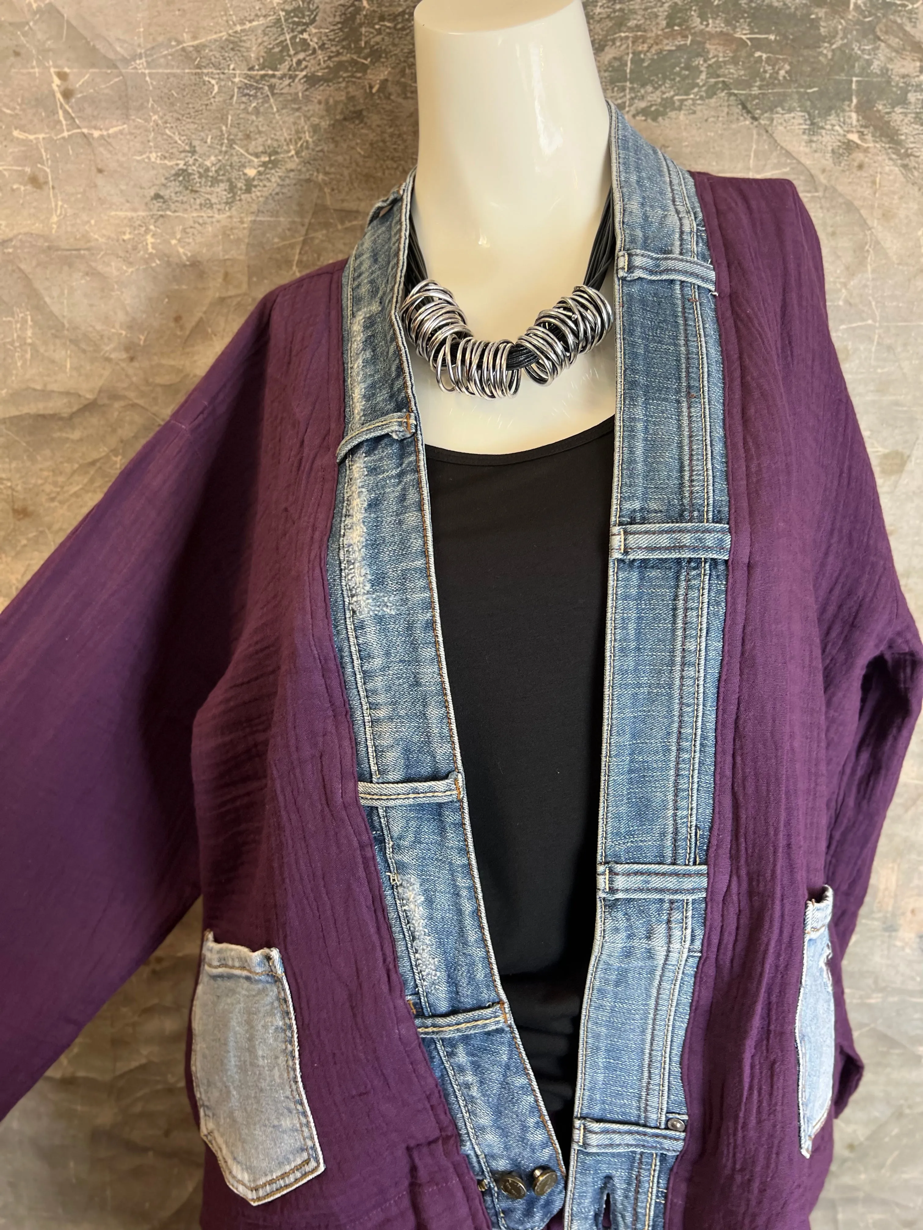 5223 Melaney Denim Mix Cardigan-Eggplant