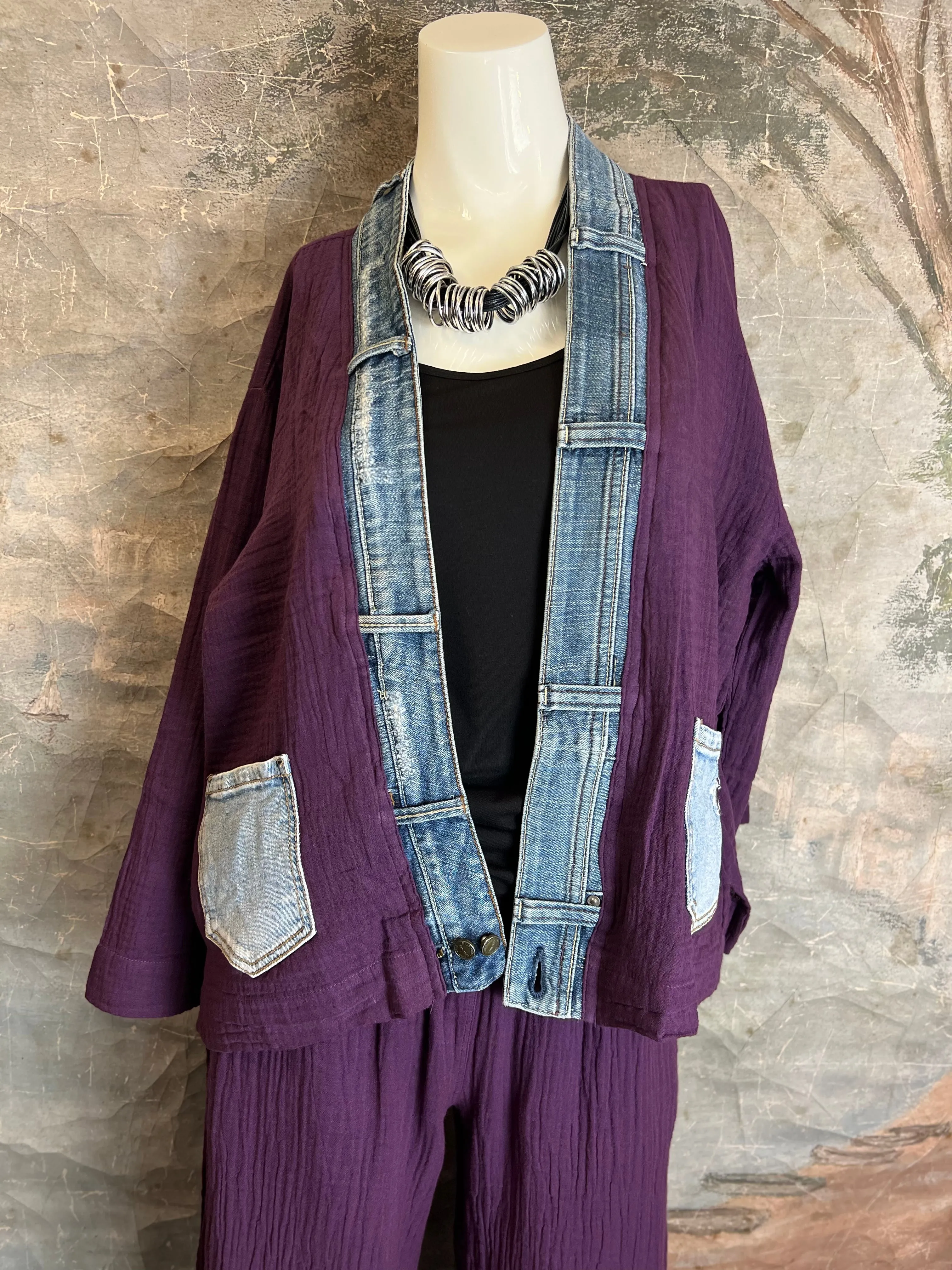 5223 Melaney Denim Mix Cardigan-Eggplant