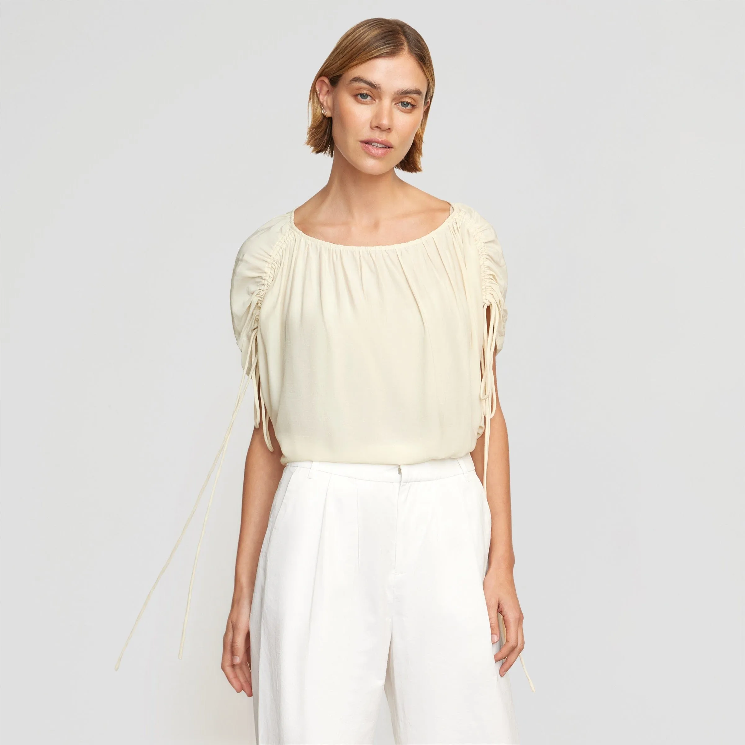 Akari Semi-Sheer Gathered-Shoulder Blouse