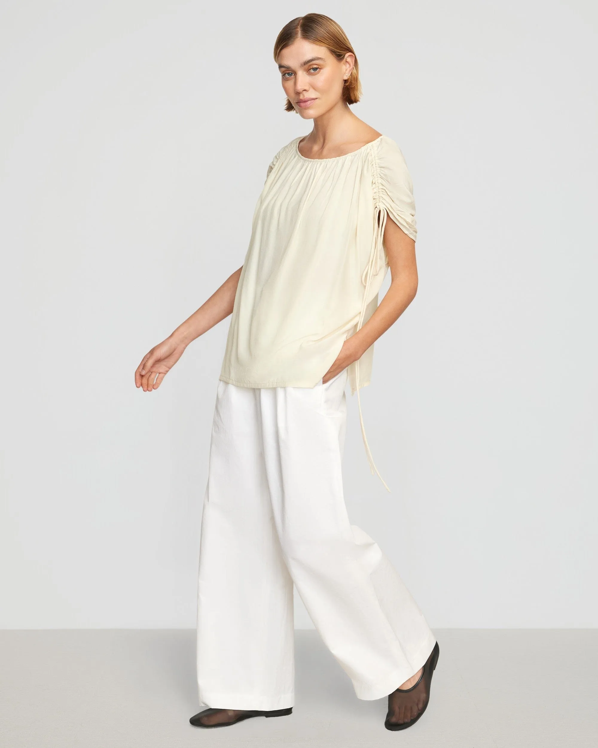 Akari Semi-Sheer Gathered-Shoulder Blouse