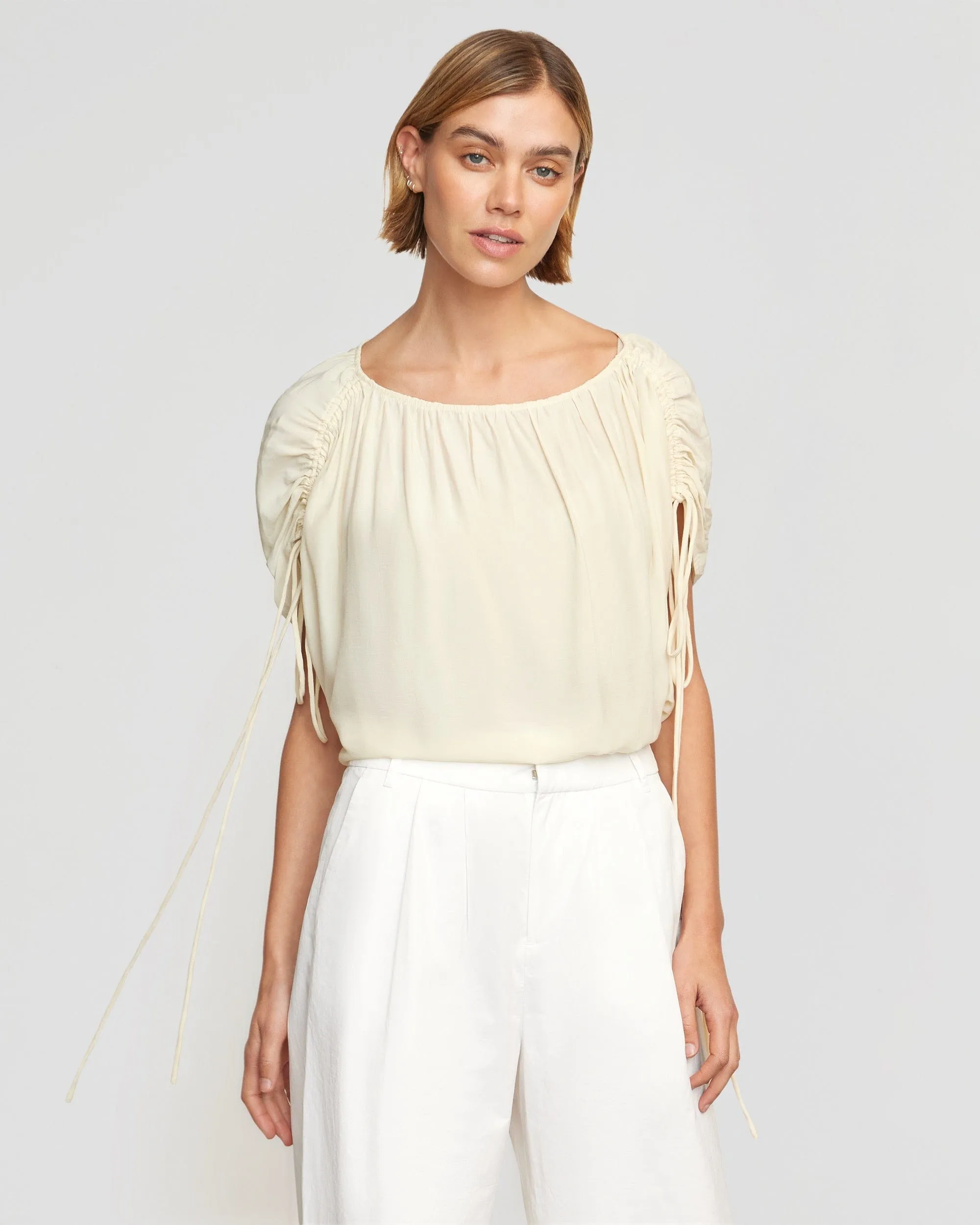 Akari Semi-Sheer Gathered-Shoulder Blouse