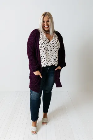 All Spice Popcorn Knit Cardigan In Royal Plum Curves