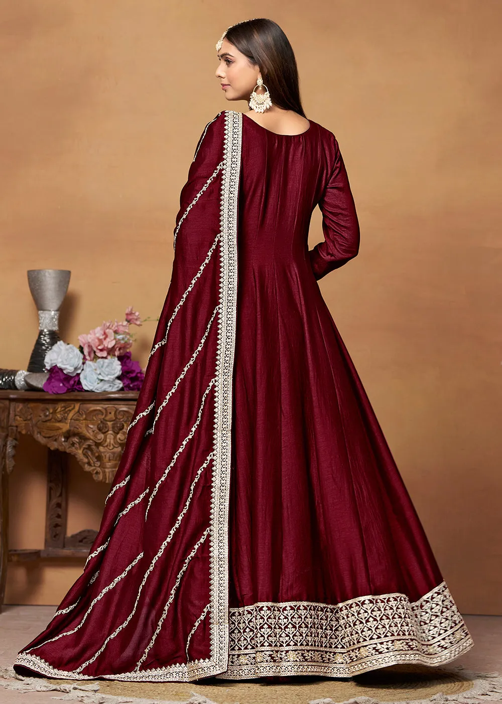 Amazing Art Silk Maroon Embroidered Festive Anarkali Suit