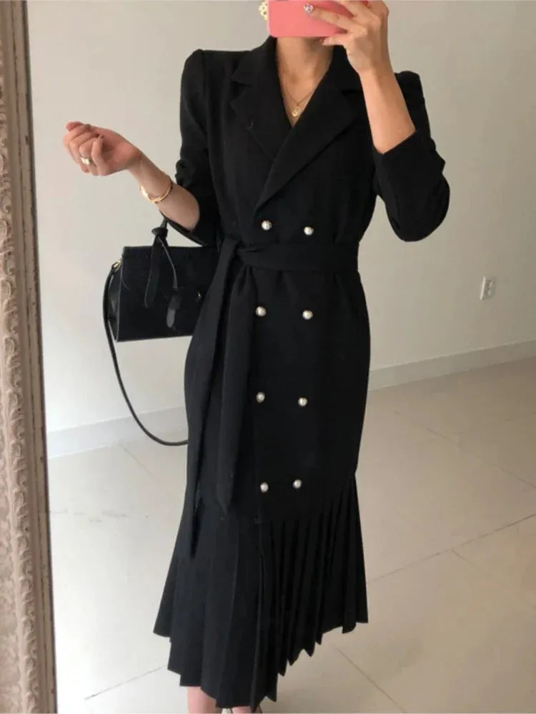 Amozae-Spring Autumn Women Korean Fashion Solid Suits Dress Double Breasted Long Sleeve Vestdios Elegant Office Lady Blazer Robe