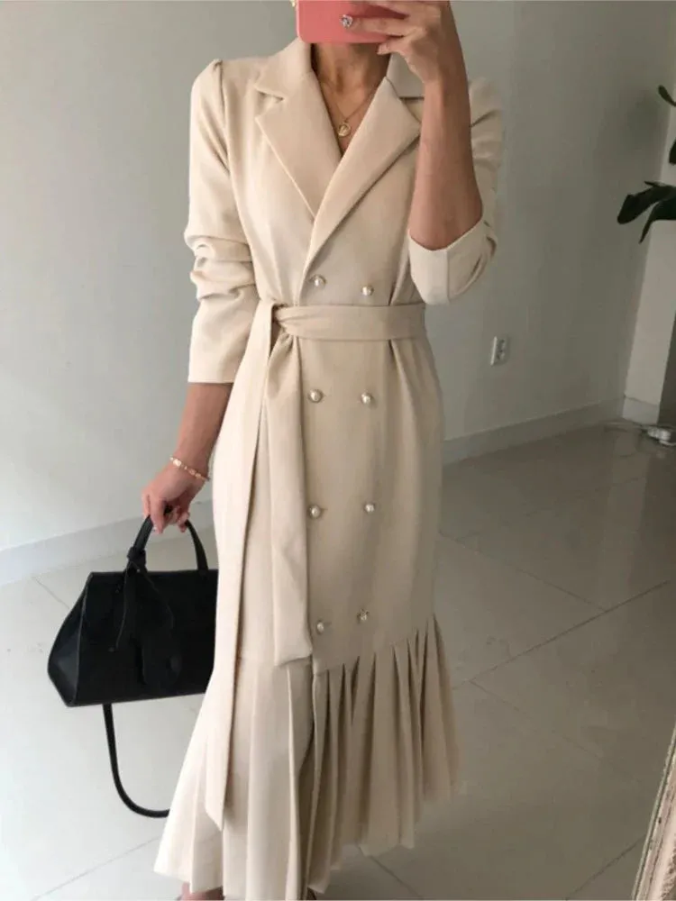 Amozae-Spring Autumn Women Korean Fashion Solid Suits Dress Double Breasted Long Sleeve Vestdios Elegant Office Lady Blazer Robe