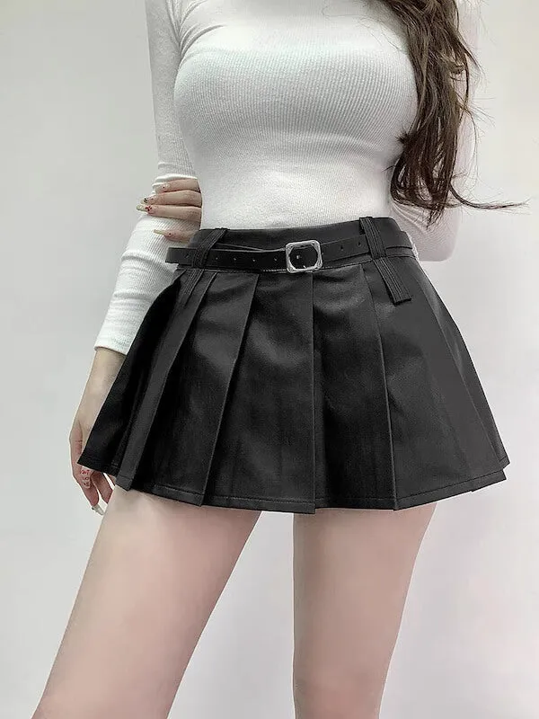 Belt leather pleated skirt