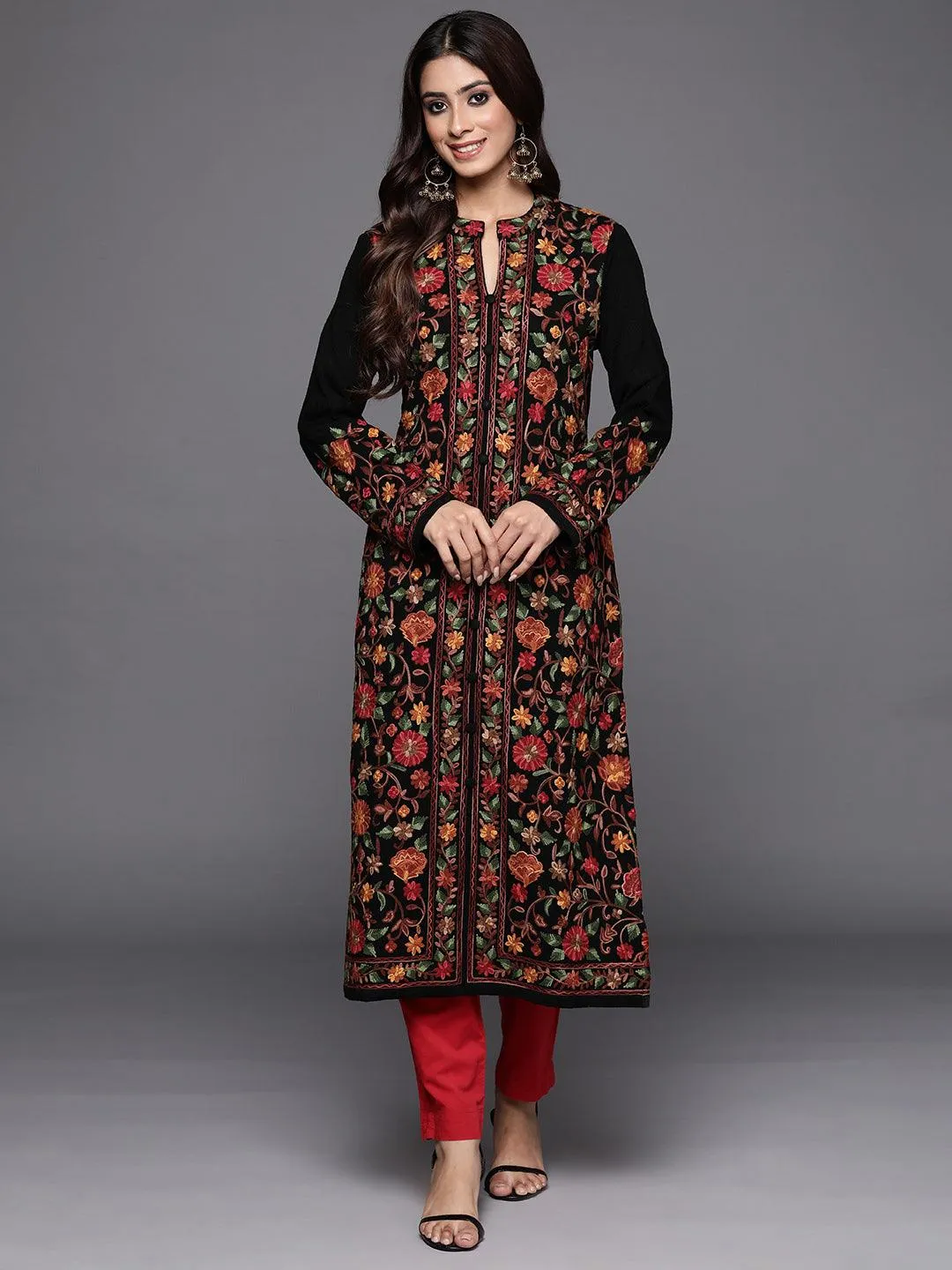 Black Embroidered Wool Straight Kurta