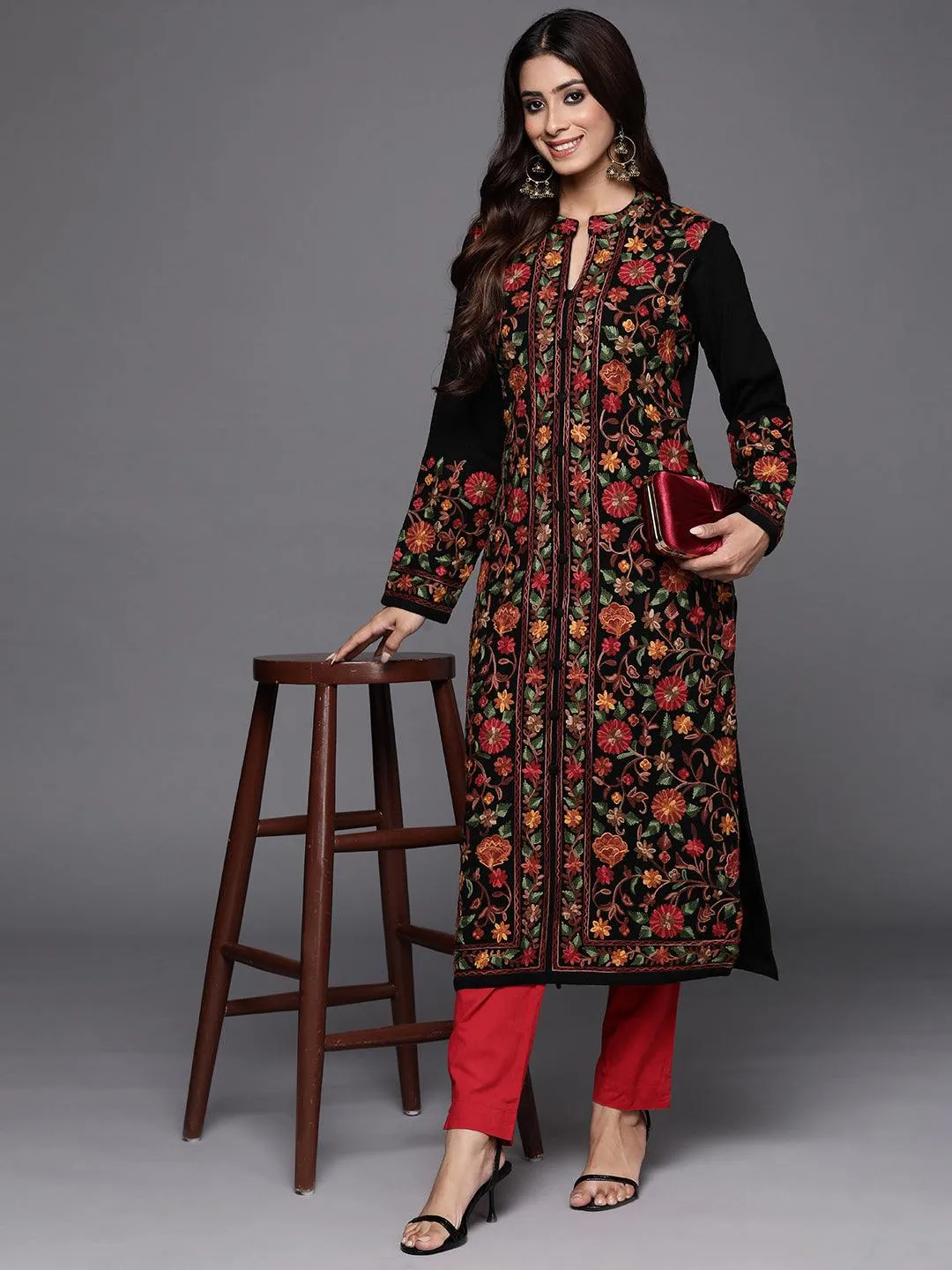 Black Embroidered Wool Straight Kurta