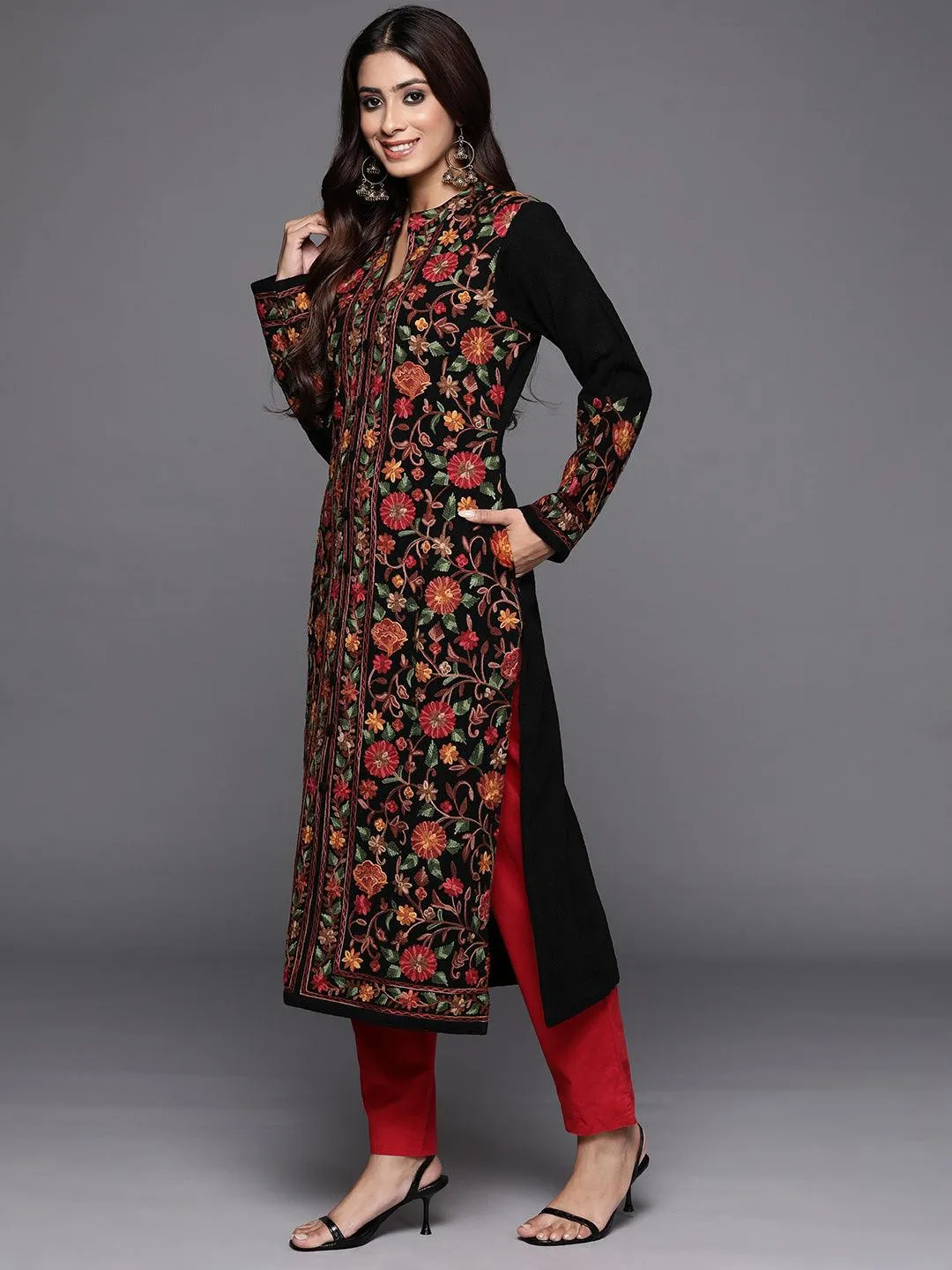 Black Embroidered Wool Straight Kurta