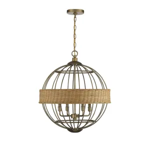 Boreal 4-Light Pendant in Warm Brass With Natural Rattan