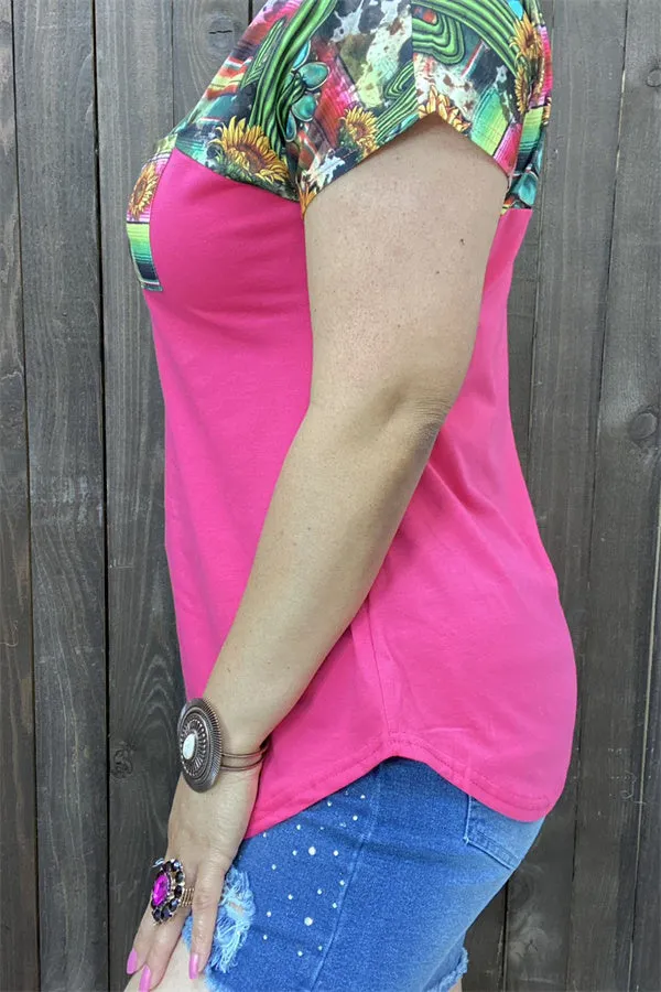 BQ12544 Pink cactus & sunflower multi color & block pink printed short sleeve with front pocket women top (ES12)