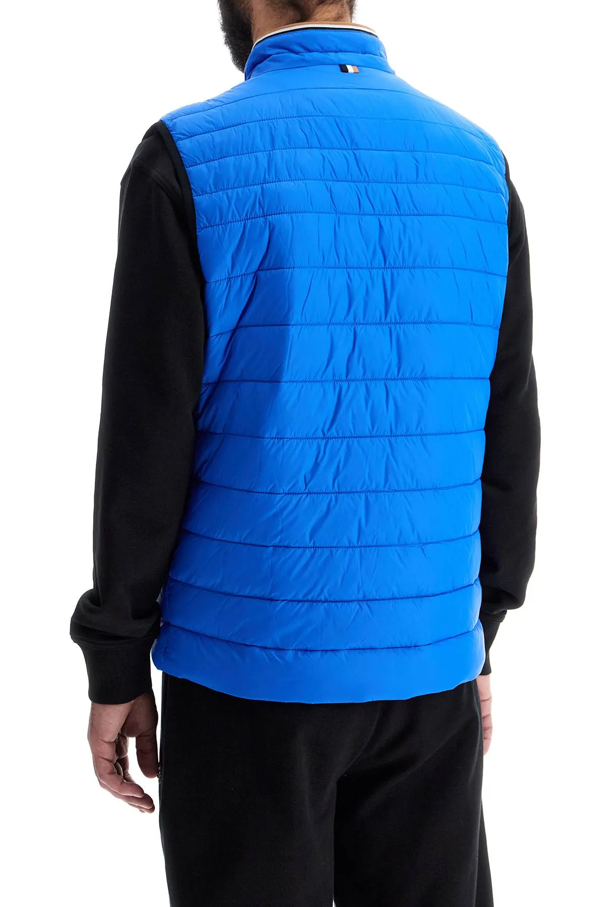 BRIGHT BLUE QUILTED GILET WITH HIGH COLLAR AND ZIP