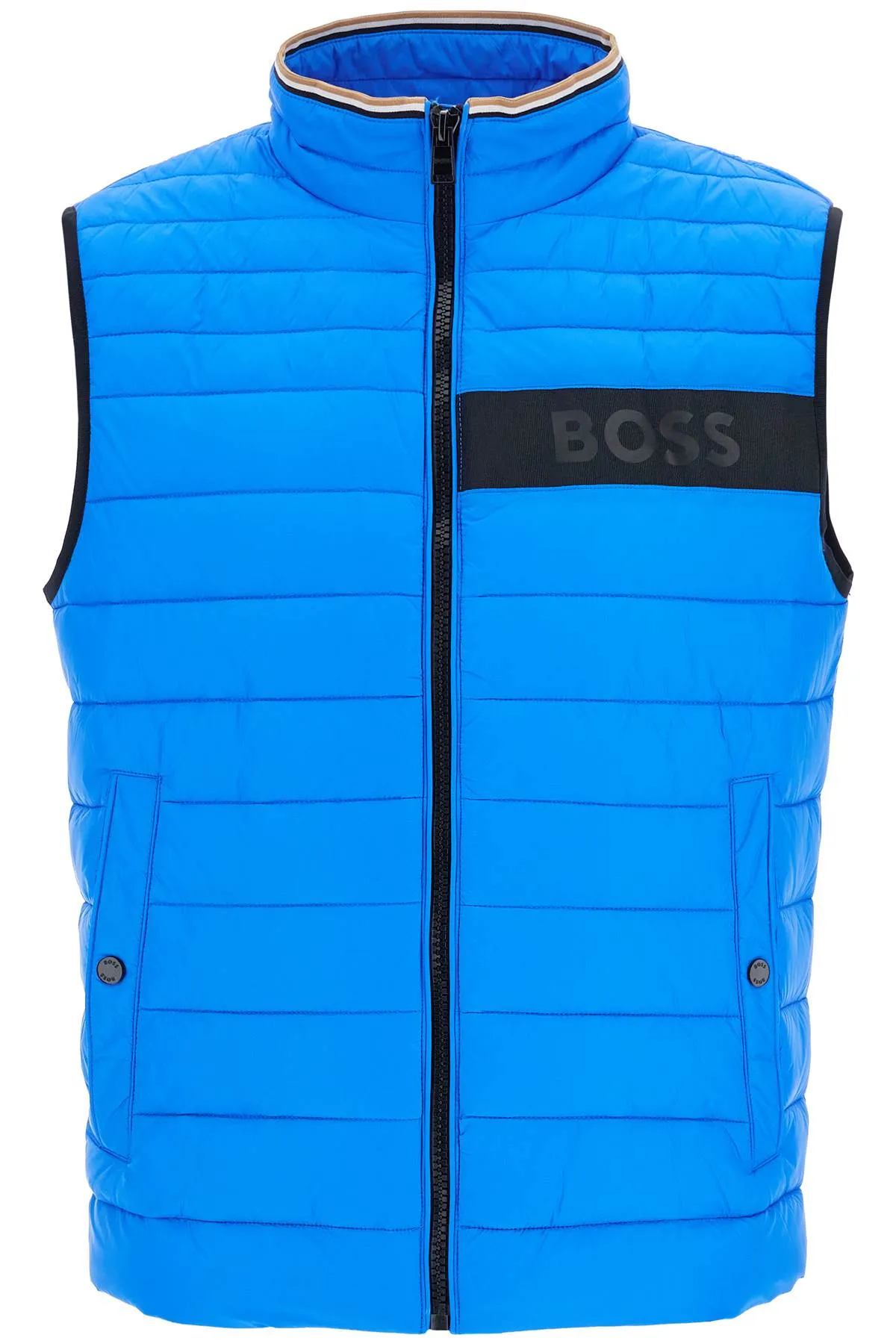 BRIGHT BLUE QUILTED GILET WITH HIGH COLLAR AND ZIP