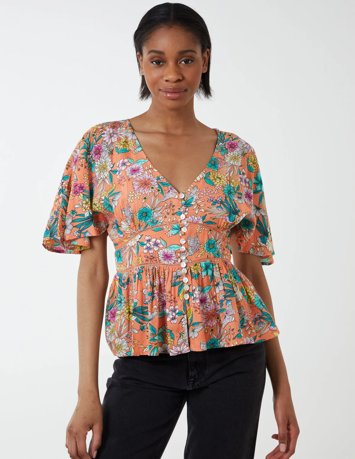 Button Front Batwing Peplum Top