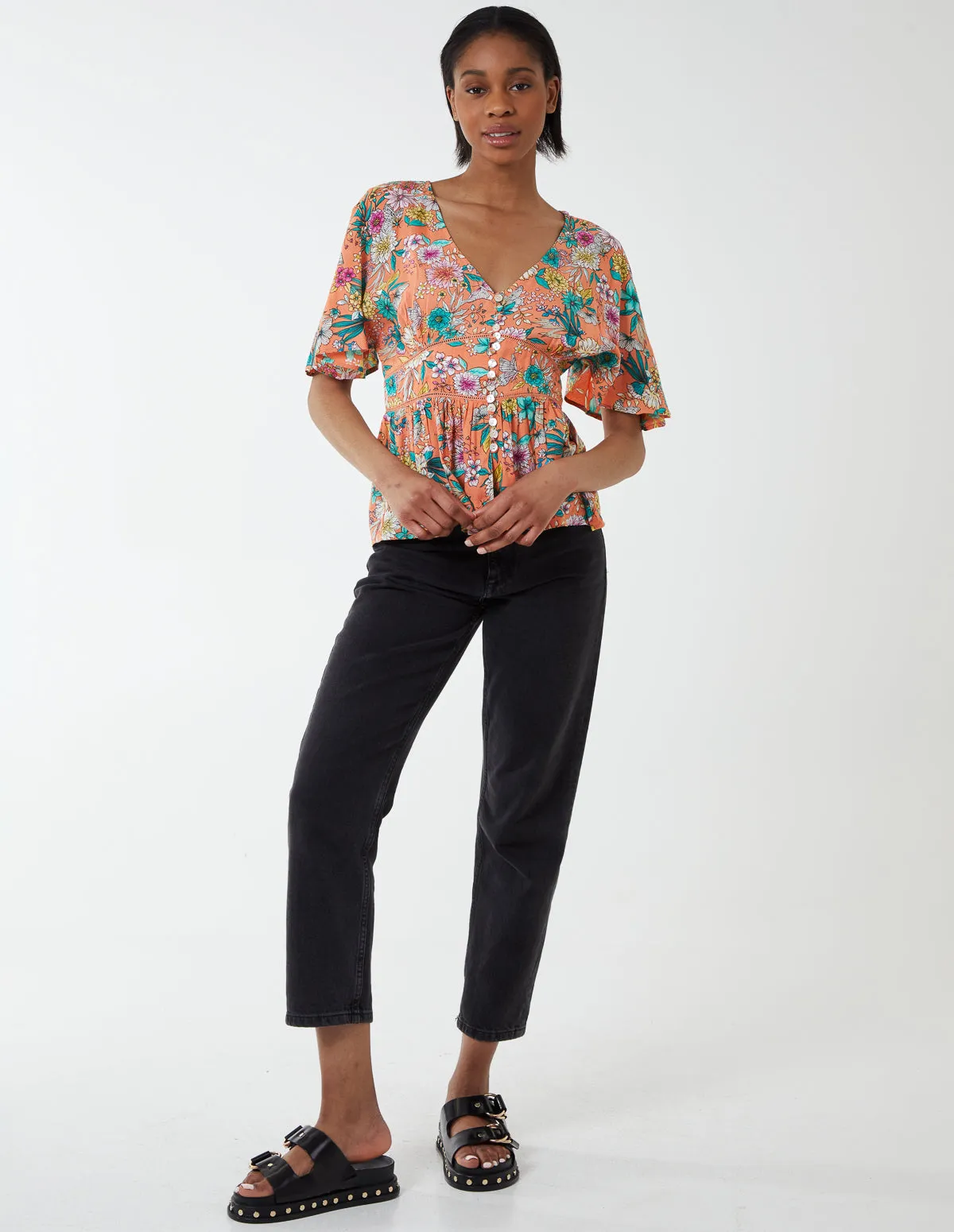 Button Front Batwing Peplum Top