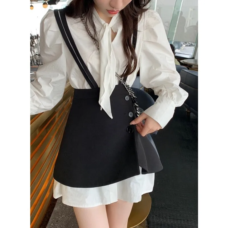 Christmas Gift Deanwangkt Autumn 2 Piece Dress Set Women Casual Long Sleeve Elegant Blouse   Mini Strap Dress Lolita Kawaii Clothes Fashion Suits