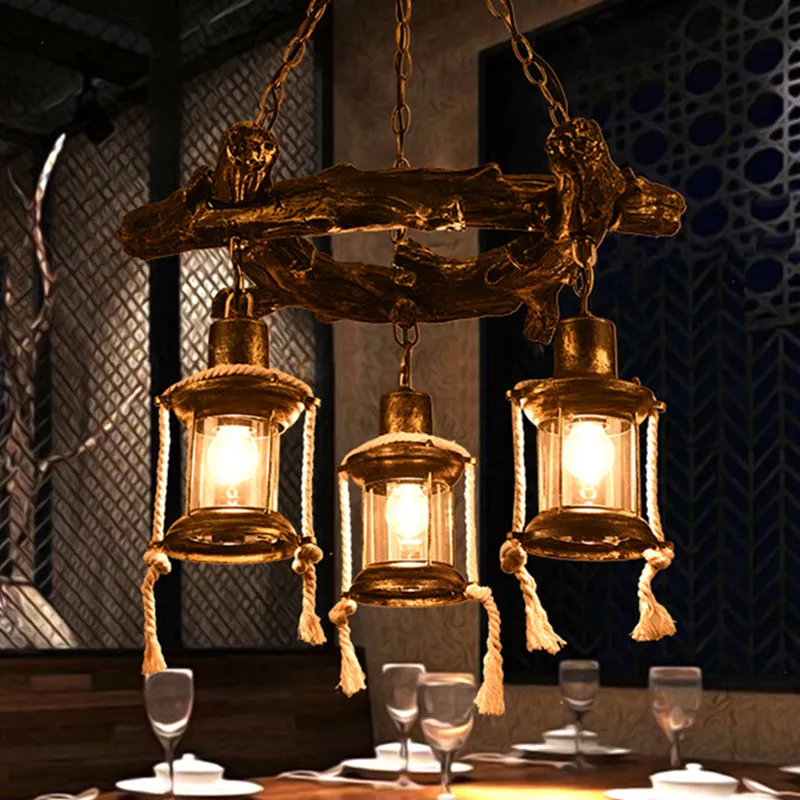 Coastal Bronze 3-Light Chandelier with Clear Glass Pendant Lamp - Kerosene Inspired Fixture