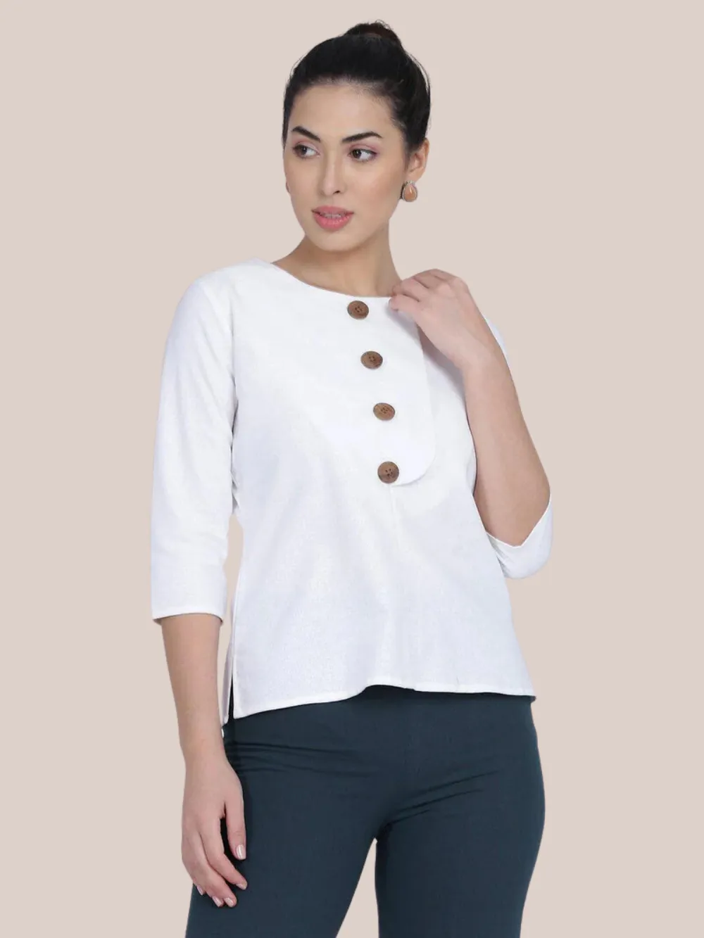 Cotton Flap & Button Top - White