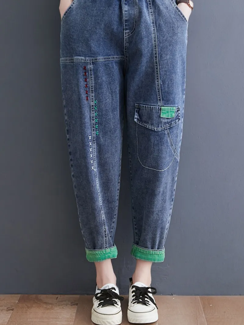 Denim Casual Western Style Loose Large High Waist Denim Pants