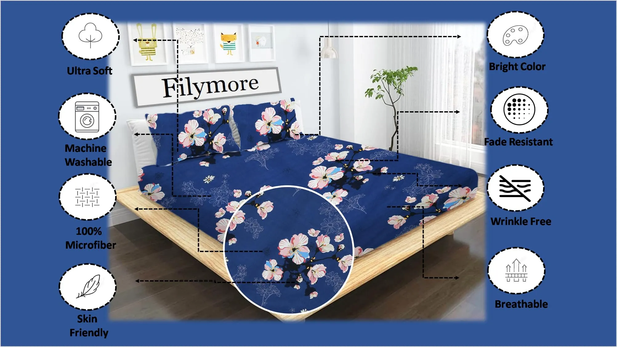 Filymore Bed Sheet Set for Double Bed Small Size, Floral Pattern, Double Bedsheet Microfiber with 2 Pillow Covers, Blue