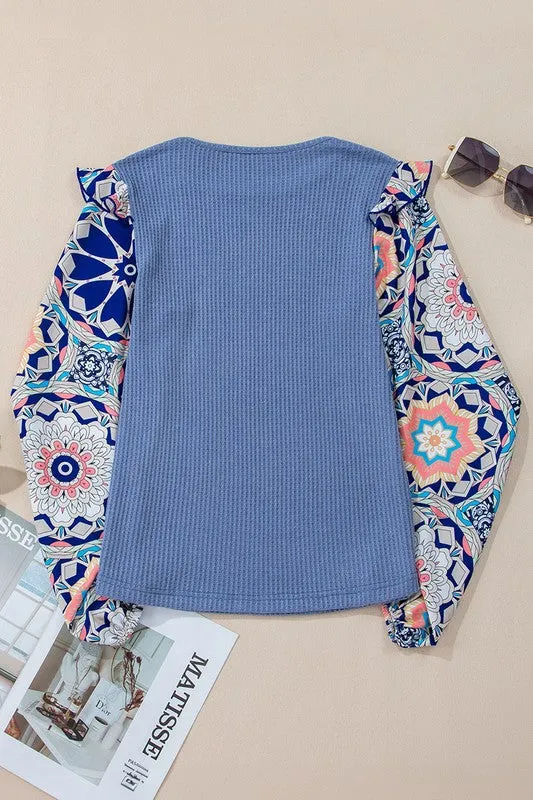 Floral Sleeve Patchwork Waffle Knit O Neck Blouse