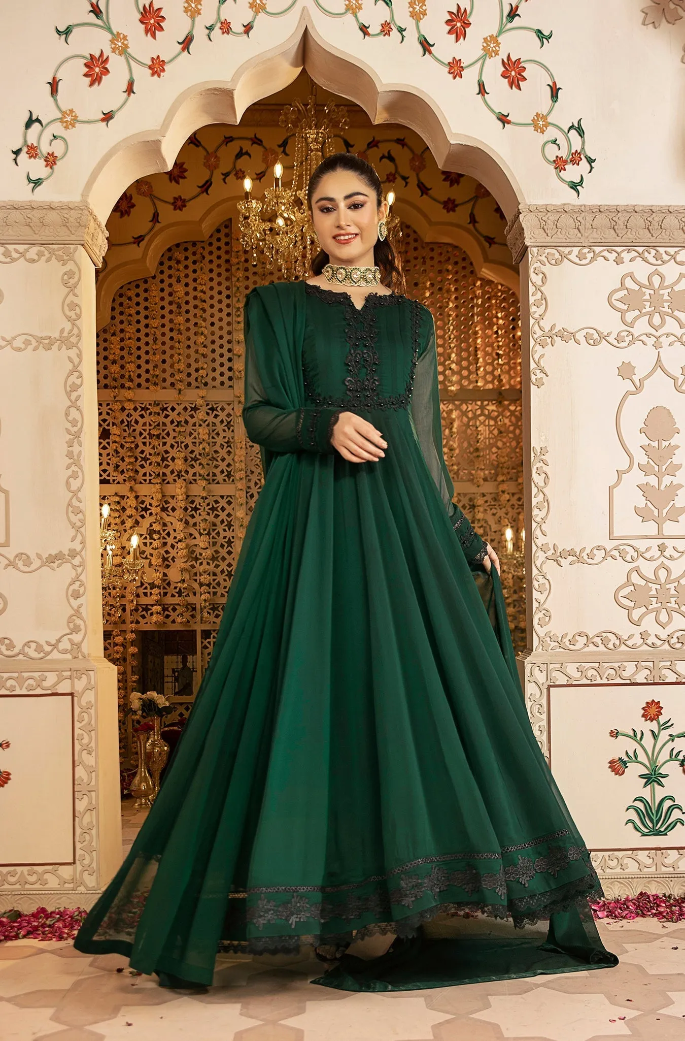 Forest Green Embellished Chiffon Frock (Zoya)