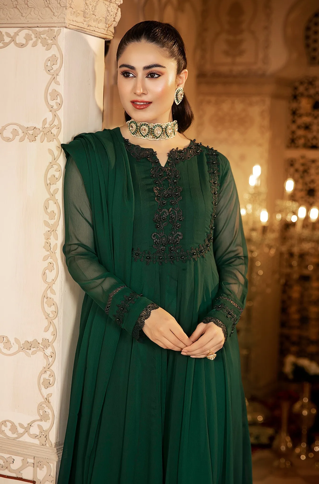 Forest Green Embellished Chiffon Frock (Zoya)