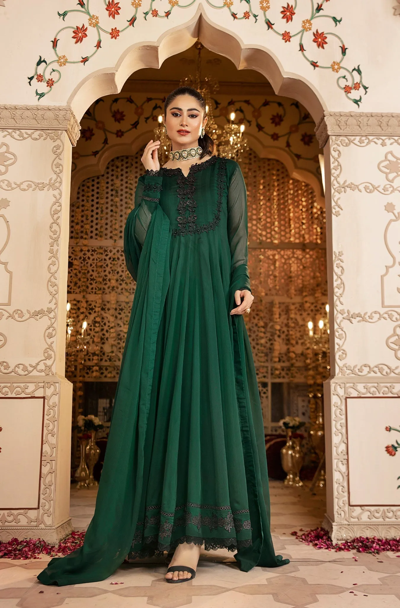 Forest Green Embellished Chiffon Frock (Zoya)