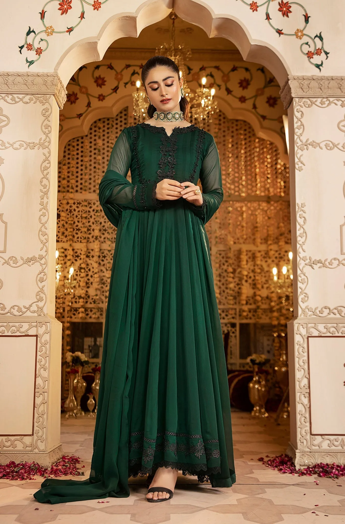 Forest Green Embellished Chiffon Frock (Zoya)