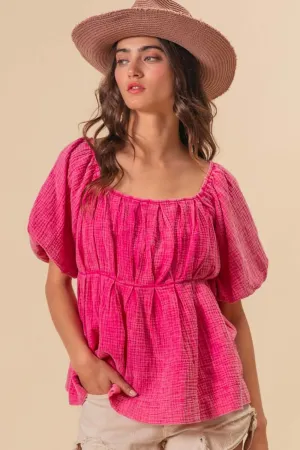 Fuchsia Pleated Puff Sleeve Washed Blouse