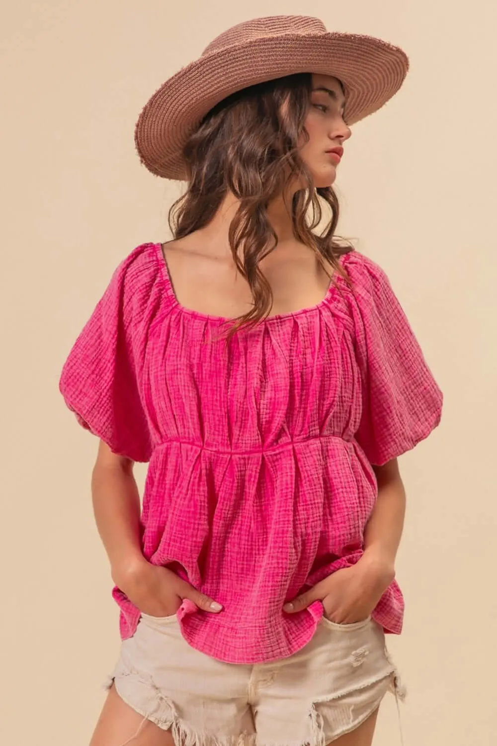 Fuchsia Pleated Puff Sleeve Washed Blouse