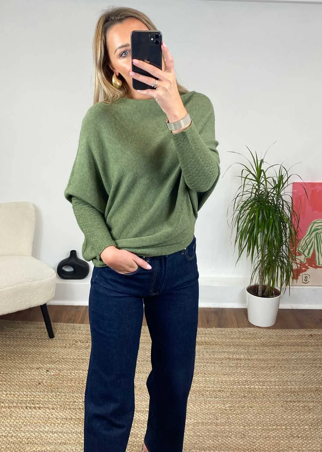 Grace Asymmetric Knit Jumper in Olive Green