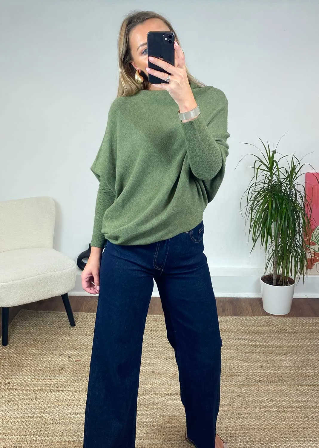 Grace Asymmetric Knit Jumper in Olive Green