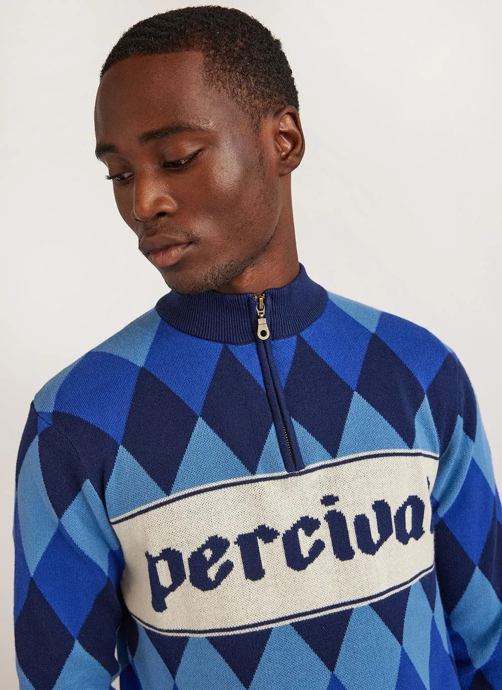 Harlequin Zip Pullover | Knitted Cotton | Blue