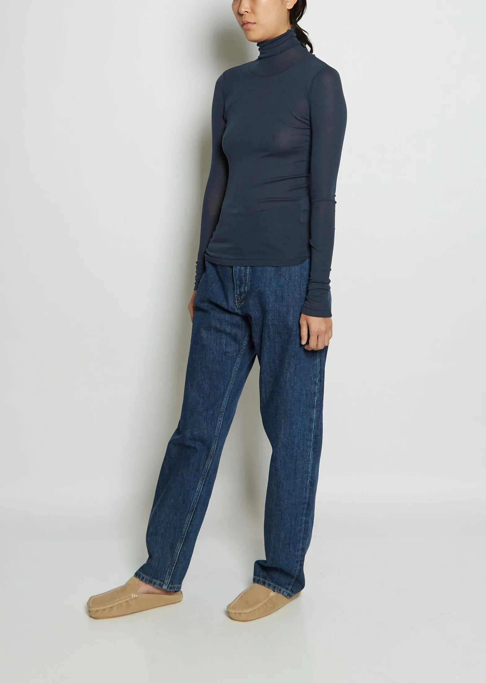 High Gauge Sheer Cotton Rib Turtleneck — Navy Blue