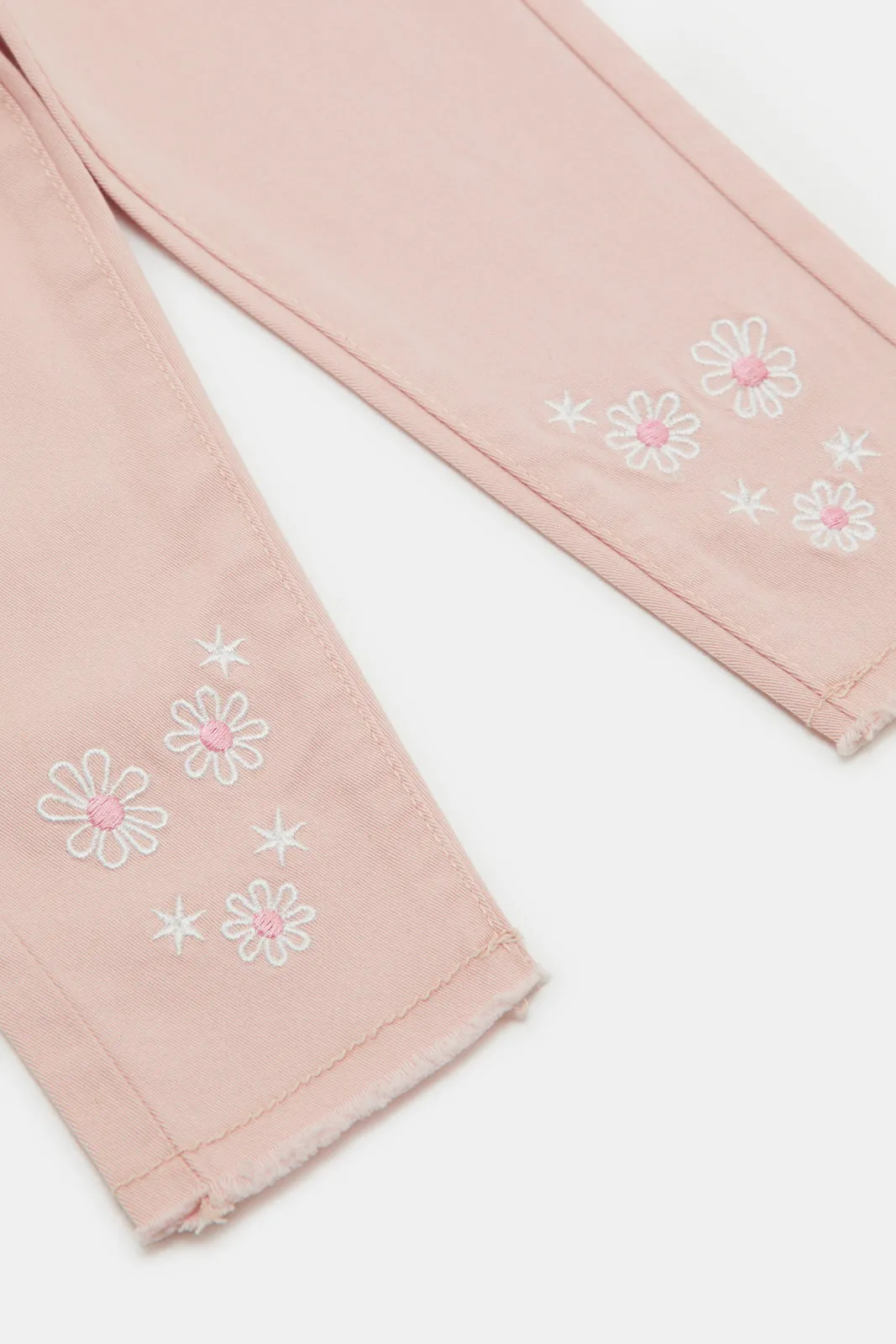 Infant Girls Pink Flower Embroidery Hem Jeggings