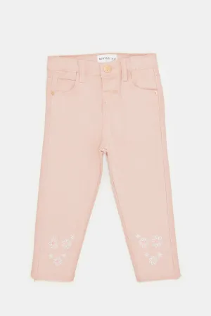 Infant Girls Pink Flower Embroidery Hem Jeggings