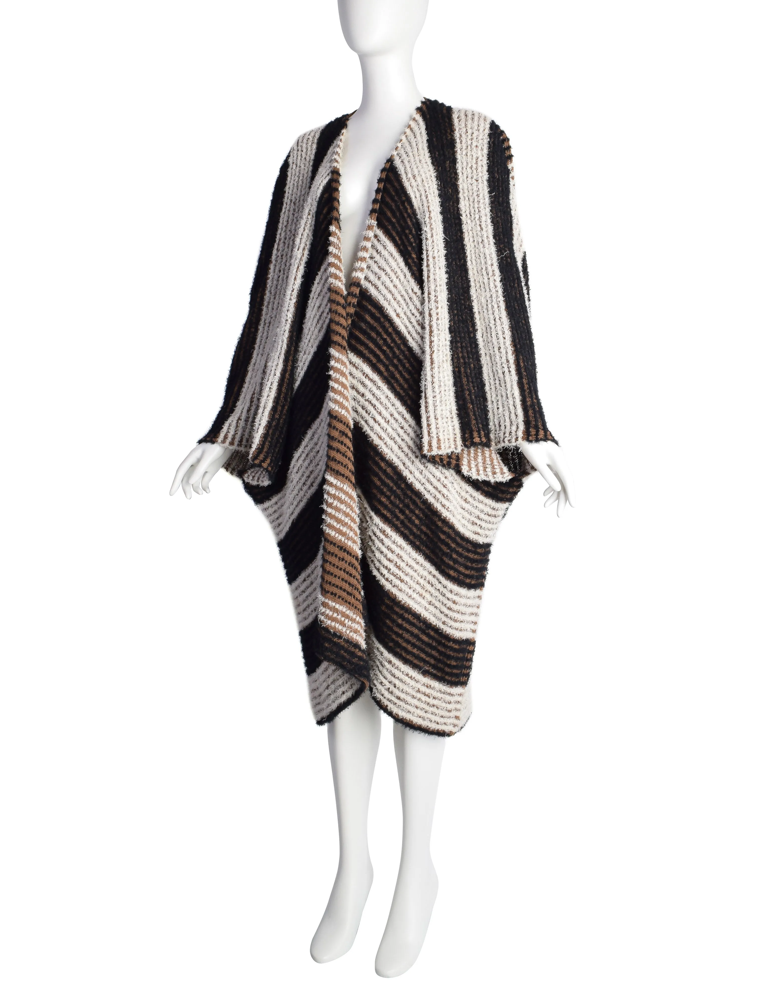 Issey Miyake Vintage SS 1984 Black White Brown Fuzzy Striped Convertible Knit Duster