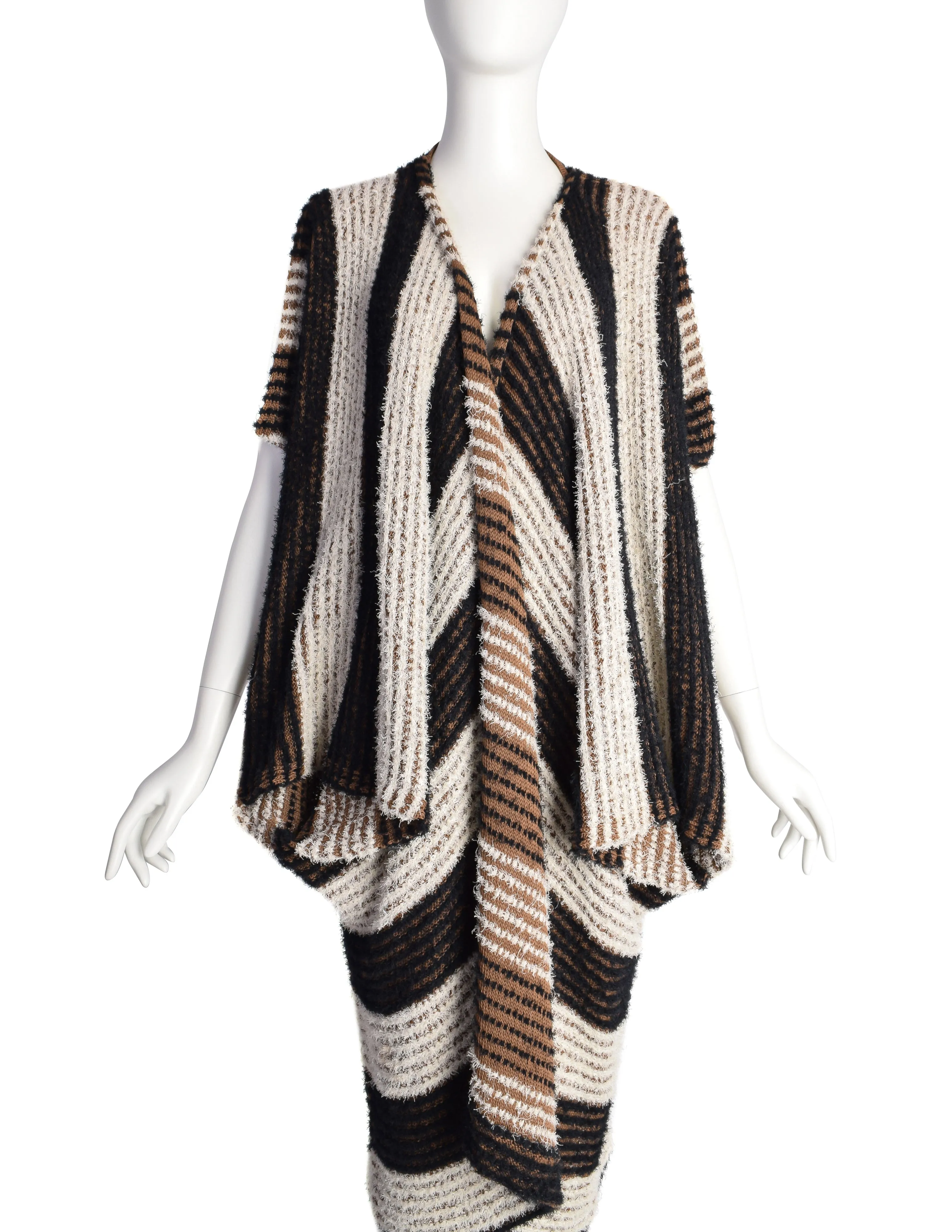 Issey Miyake Vintage SS 1984 Black White Brown Fuzzy Striped Convertible Knit Duster