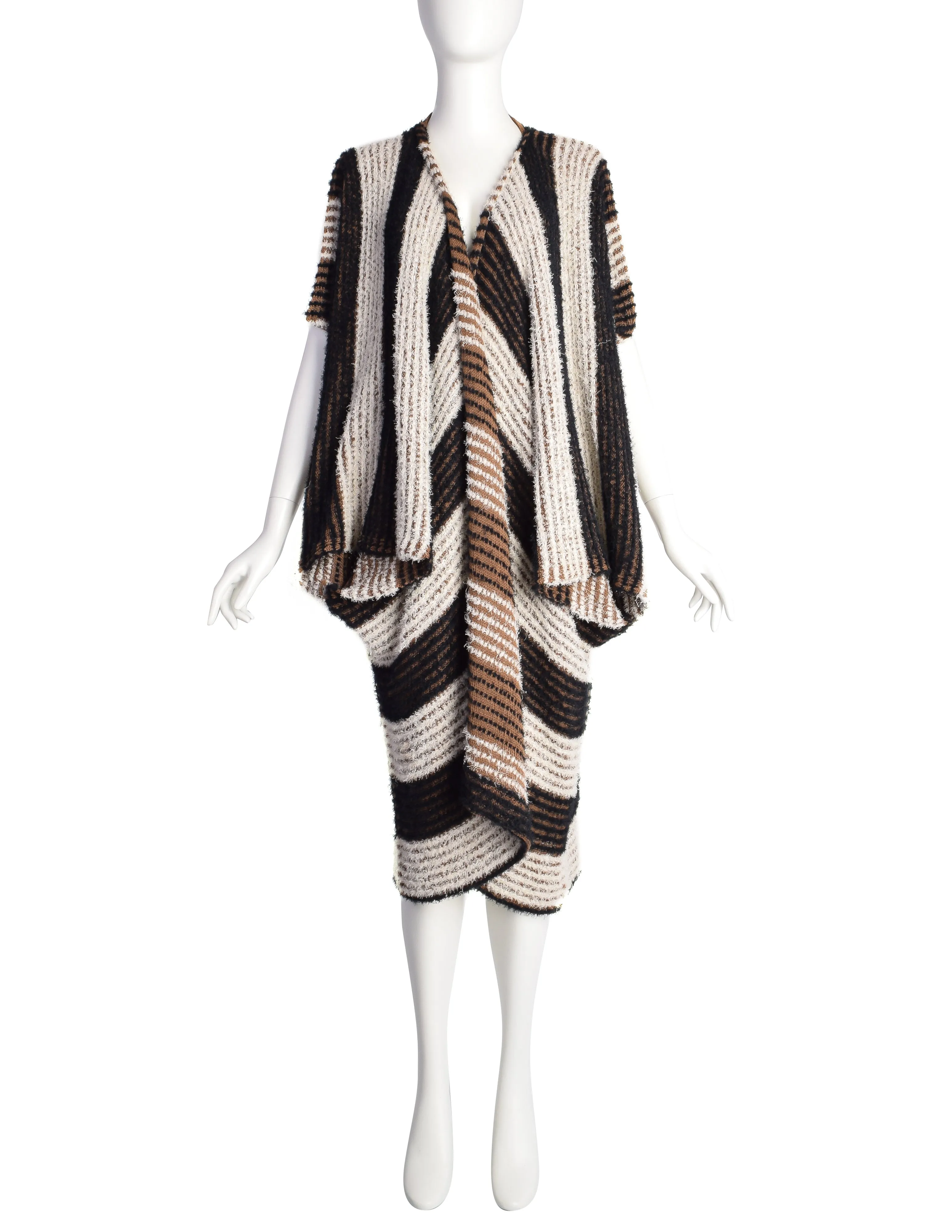 Issey Miyake Vintage SS 1984 Black White Brown Fuzzy Striped Convertible Knit Duster