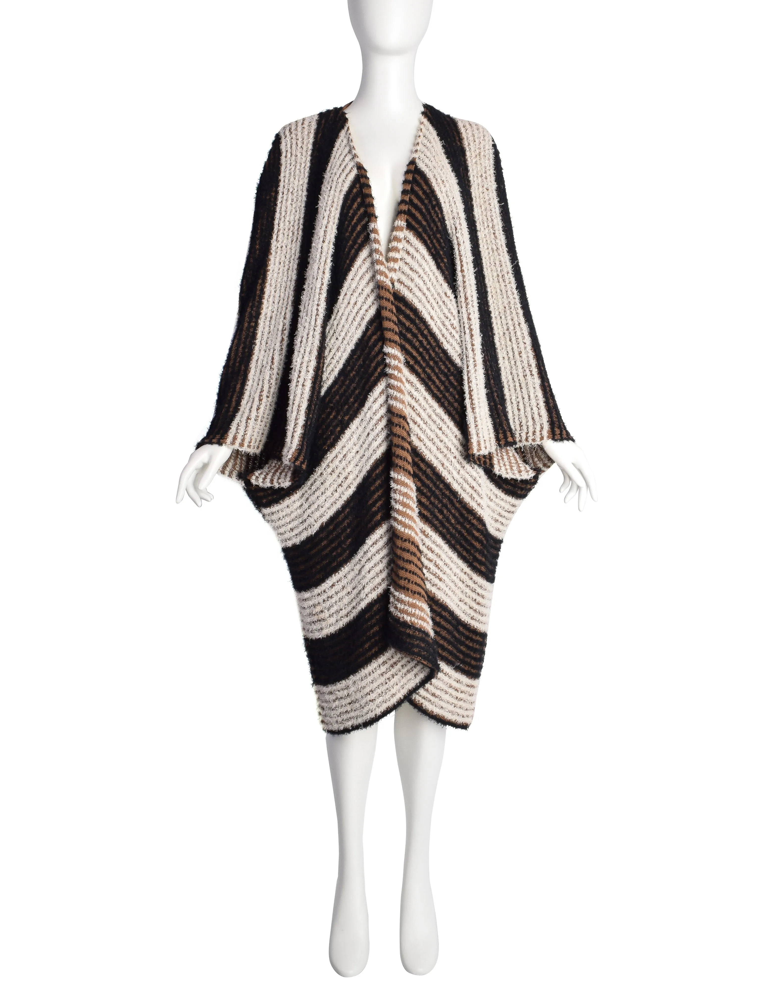 Issey Miyake Vintage SS 1984 Black White Brown Fuzzy Striped Convertible Knit Duster