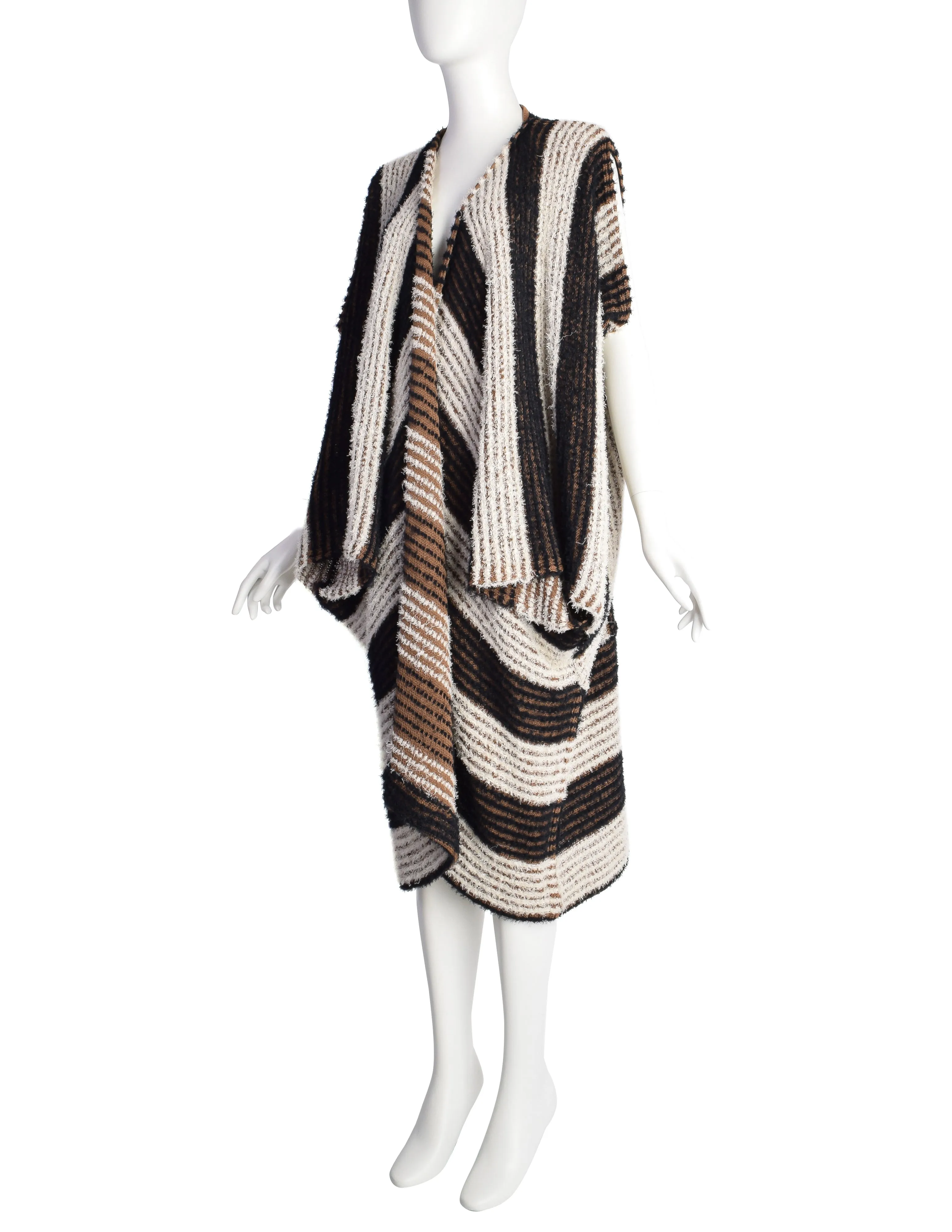 Issey Miyake Vintage SS 1984 Black White Brown Fuzzy Striped Convertible Knit Duster