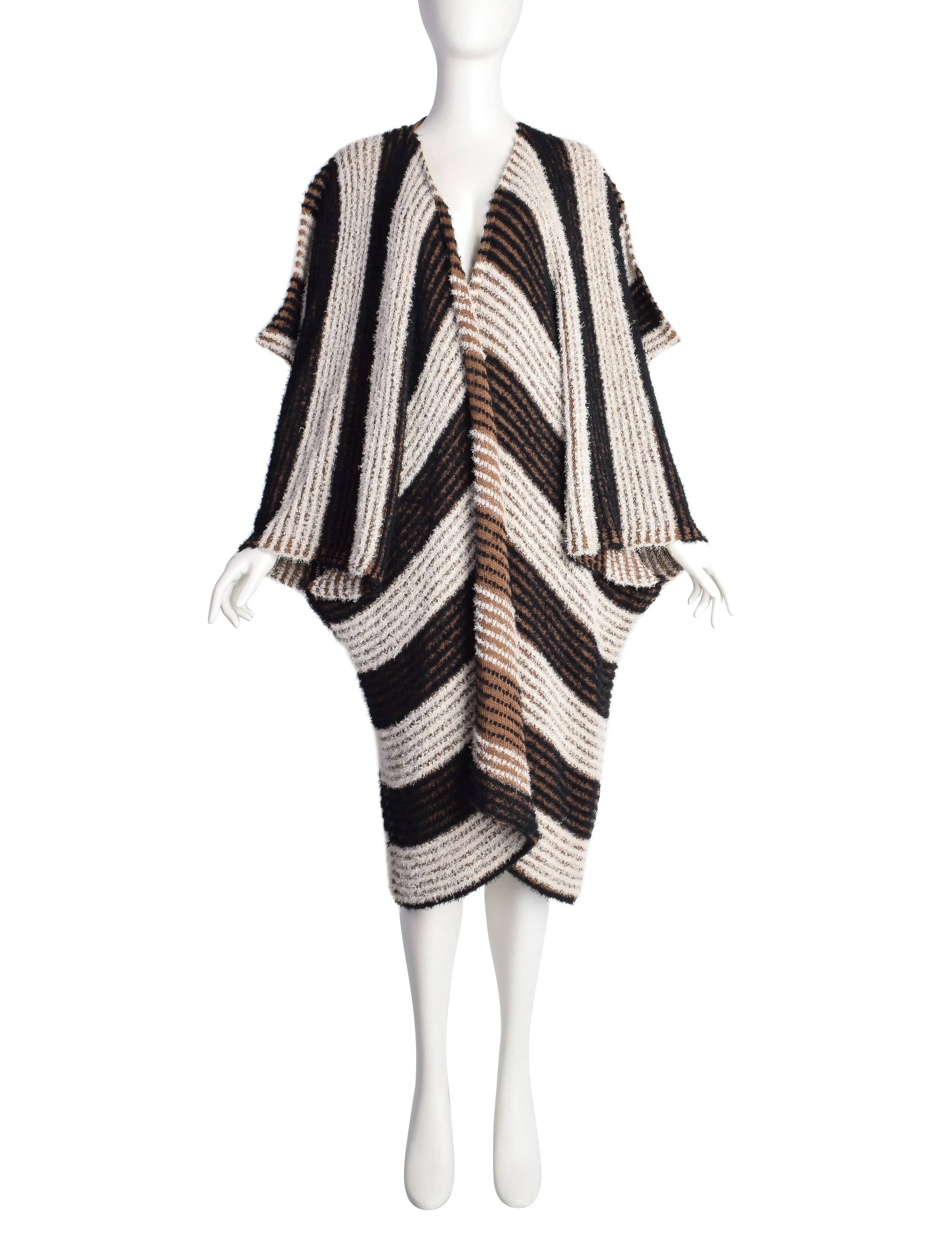 Issey Miyake Vintage SS 1984 Black White Brown Fuzzy Striped Convertible Knit Duster