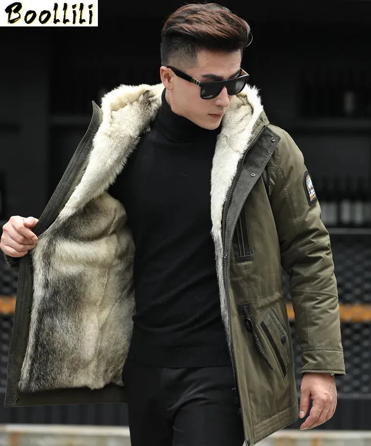 Jacket Boollili Winter Men Natural Wolf Fur Coats Hooded Parka Men Plus Size Coat Mens Real Pure Natural Fur Jacket