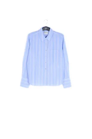 Light blue and white striped cotton shirt with beaded trim